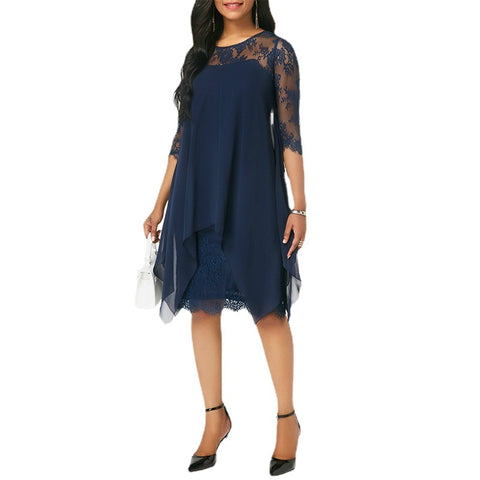 Elegant Style Lace Stitching 3/4 Sleeve Mid-Length Knee-Length Chiffon M300212
