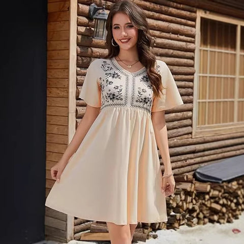 Casual loose V-neck print waist short-sleeved women's dress m302347