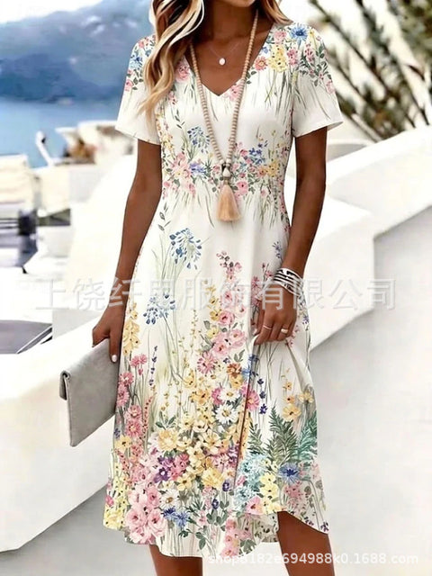Printed women's v-neck short-sleeved temperament fashion dress m303046