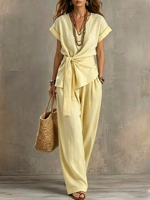 Casual V-neck pullover short-sleeved trousers washed cotton set m303163