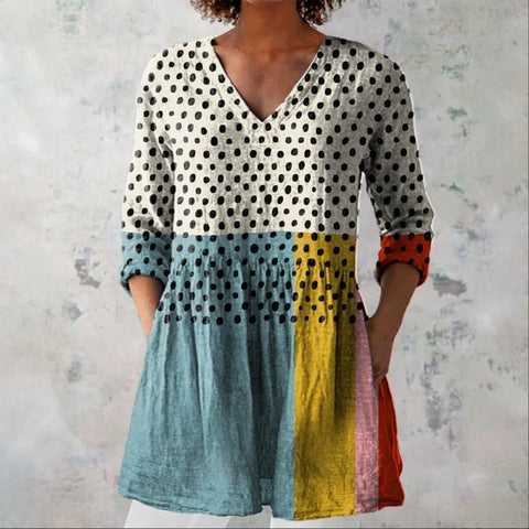 V-neck medium-sleeved T-shirt loose and casual new fashion women's top FF303377