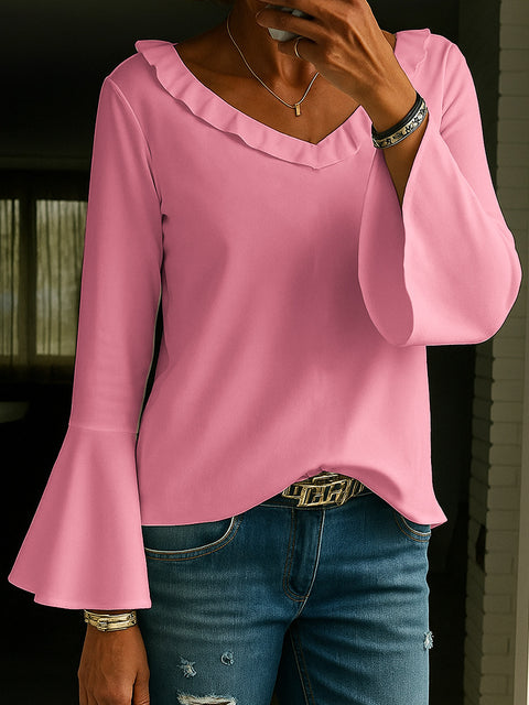 Casual long-sleeved V-neck regular multi-color women's top T-shirt m303111