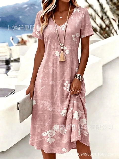 Printed women's v-neck short-sleeved temperament fashion dress m303046