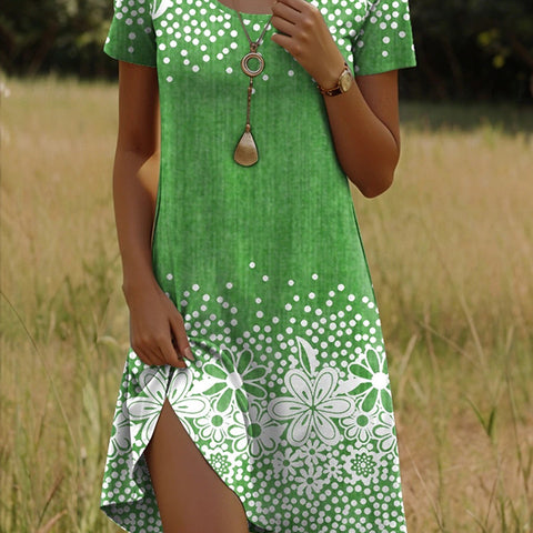 Versatile polka dot flower short-sleeved round neck medium and long skirt m302614