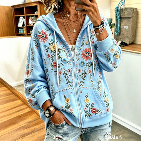 Sequin floral elements 3D digital printing loose casual hooded sweater m303215