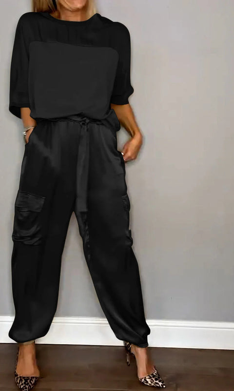 Women's smooth satin half-sleeved top and pants set two-piece set m301649