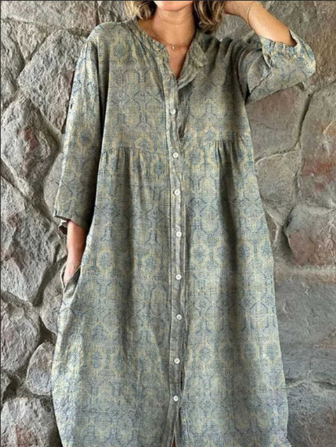 Women's Loose Crew Neck Fashion Premium Long Sleeve Printed Shirt Dress m301050