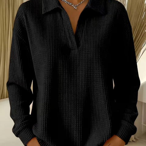 Waffle Lapel Long Sleeve Polo Top m303214