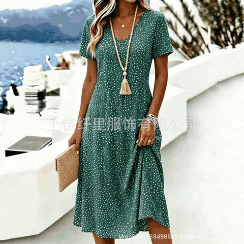 Printed women's v-neck short-sleeved temperament fashion dress m303046