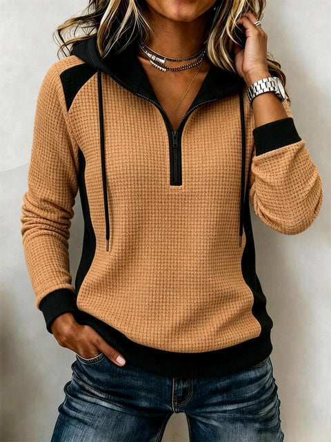 Waffle half-zipper hooded sweatshirt for women, autumn/winter long-sleeve casual top FF303443