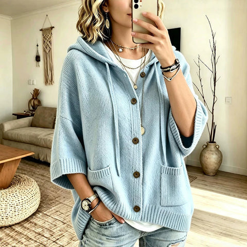 Multi-color hooded knitted cardigan loose seven-quarter sleeve sweater FF303358