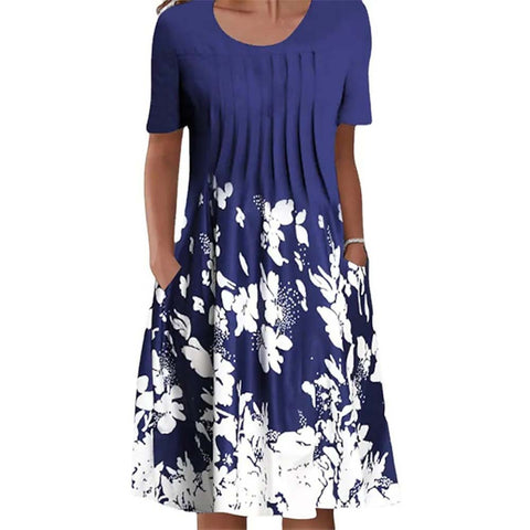 Spring/Summer Floral Print Crew Neck Pocket Medium Length Dress m300905