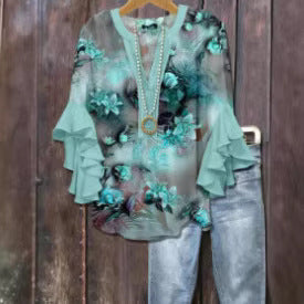 Creative floral element printing digital printing casual trend V-neck lotus edge horn T-shirt m302747