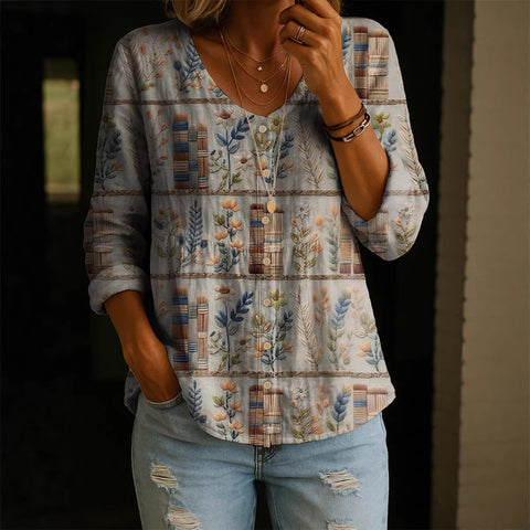 Crew Neck Women's Floral 3D Printed Henley Shirt FF303180