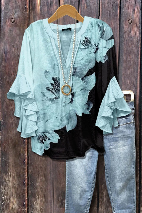 Digital printing casual trend V-neck lotus edge T-shirt women's m302725-1