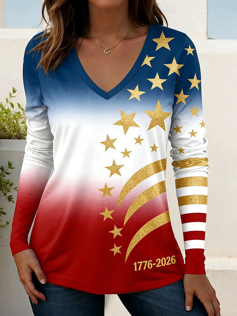 Short Sleeve V-Neck Long Sleeve T-Shirt Independence Day Element Print m302367