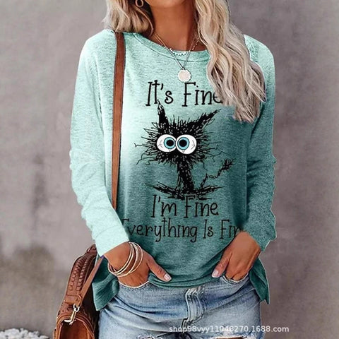 Pet cat gradual change color 3D printing long sleeve T-shirt round neck T-shirt m302928
