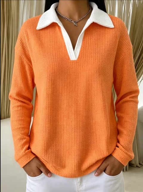 Waffle Contrast Long Sleeve Polo Top Women's m303233