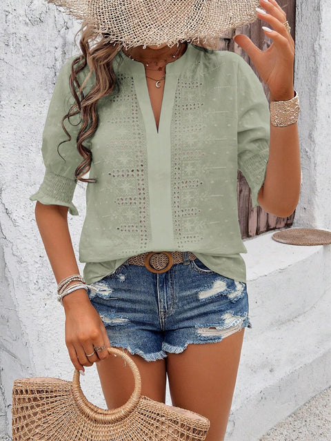 V-ausschnitt blase ärmel medium ärmel hohl haarballen einfarbig T-shirt top frauen m301030 