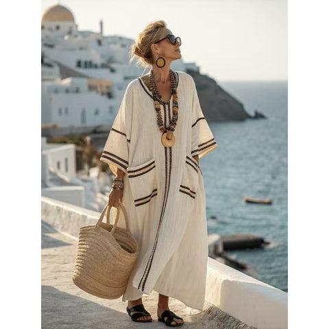 Holiday long striped embroidered dress m302762