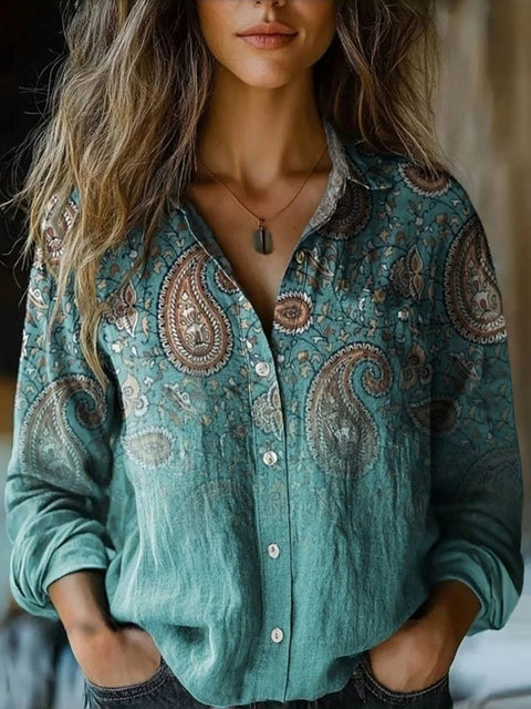 Printed long-sleeved shirt imitation cotton and linen shirt spring and summer cardigan FF303383