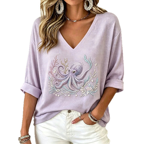Shoulder V-neck long-sleeved pullover print women's T-shirt m303200