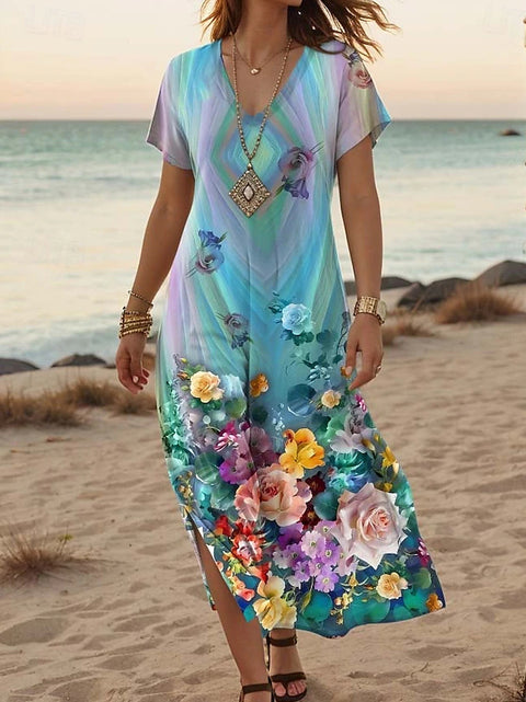 Kreative floral frauen sommer neue V-ausschnitt kurzarm kleid m301230 