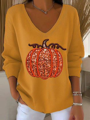 Shoulder V-neck long-sleeved autumn leaf 3D digital printing women's top FF303401
