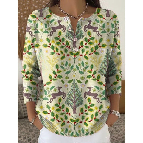 Vintage 3D digital printing four-button stand-up collar Polo sweater women m302158