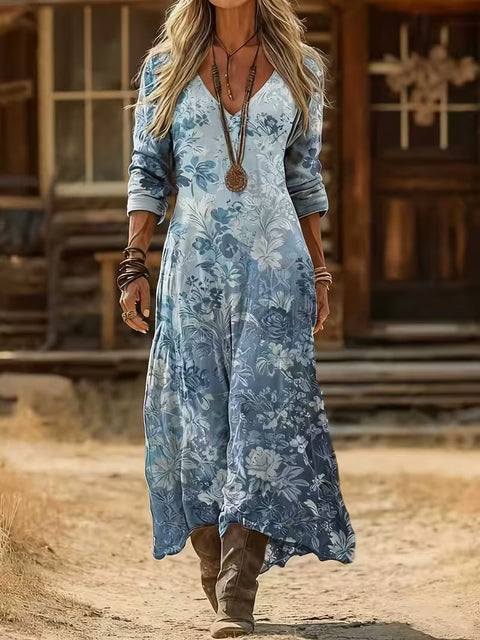 Creative tie-dye 3D printing women's new V-neck long-sleeved dress medium and long dress m302799
