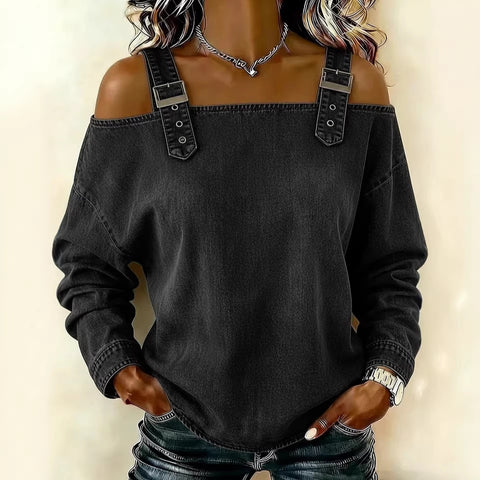 One-word tie shoulder strap long-sleeved top m303209