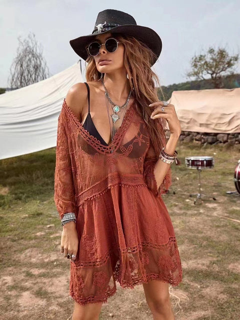 Strandbluse mit Spitzenausschnitt, Sonnenschutz, sexy Bikini-Badeanzug mit m301497 