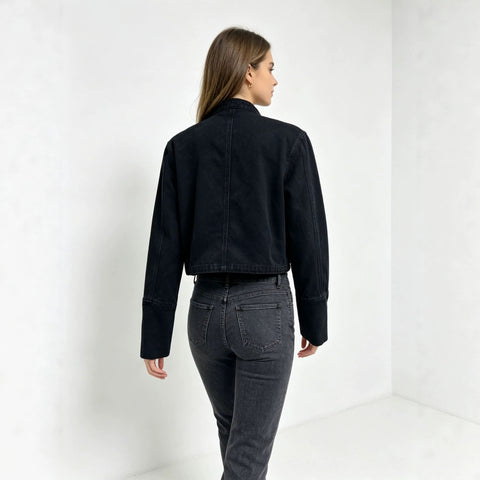 Stand-up collar black washed denim short jacket metal buckle shoulder badge slim fit fashion short women's jacket FF303317