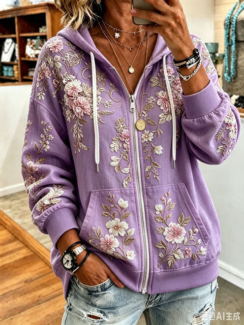Sequin floral elements 3D digital printing loose casual hooded sweater m303215