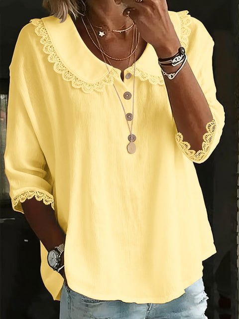 Women's casual loose fashion lapel lace solid color button-down shirt m302339