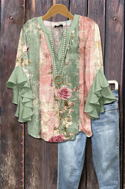 Digital printing casual trend V-neck lotus edge T-shirt women's m302725-1