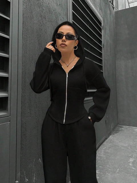 Ensemble deux pièces décontracté et slim pour femme, cardigan à capuche tendance, m300946 