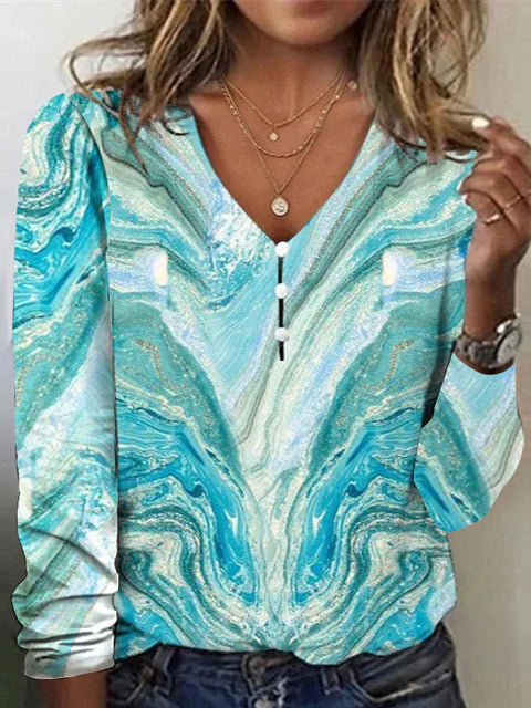 Langarm-T-Shirt-Pullover mit V-Ausschnitt, Stern-Batikmuster und Perlmuttknöpfen m300609 