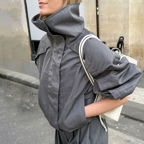 Autumn and winter new American gray turtleneck trench coat women's outdoor top stand-up collar jacket m301825