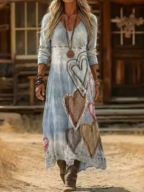 Creative tie-dye 3D printing women's new V-neck long-sleeved dress medium and long dress m302799