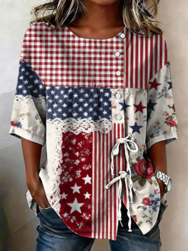 Color matching loose blouse five-button drawstring m302924