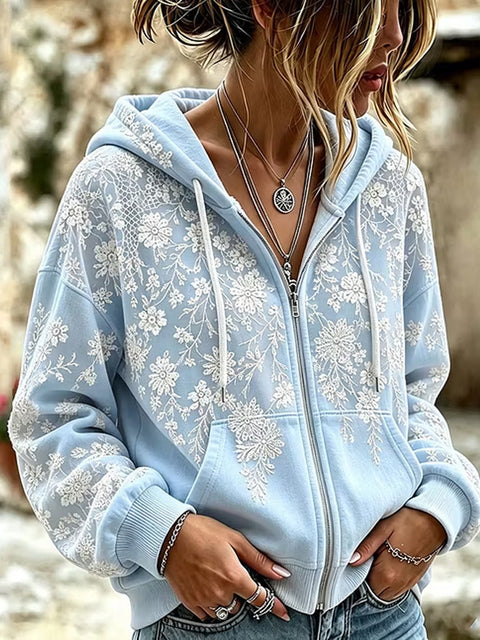 Sequin floral elements 3D digital printing loose casual hooded sweater m303215