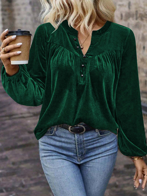 Solid color pullover V-neck casual temperament commuter button long sleeve top women m302275