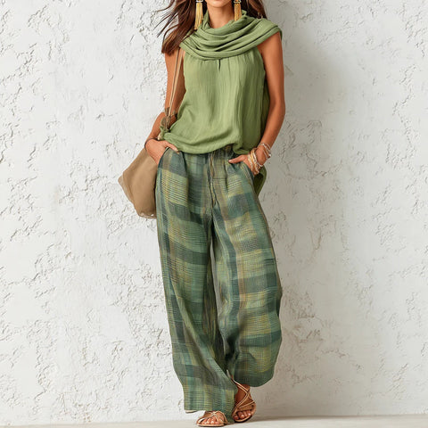 Retro casual fashion sleeveless top and plaid pants set m303064