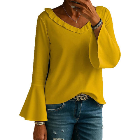 Casual long-sleeved V-neck regular multi-color women's top T-shirt m303111