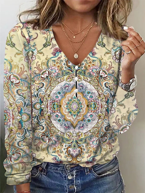 Langarm-T-Shirt-Pullover mit V-Ausschnitt, Stern-Batikmuster und Perlmuttknöpfen m300609 