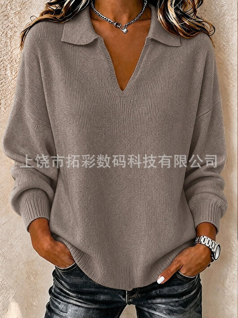 Digital Printed Women's Christmas Lapel Long Sleeve Solid Color Knitted Fleece Sweater FF303269