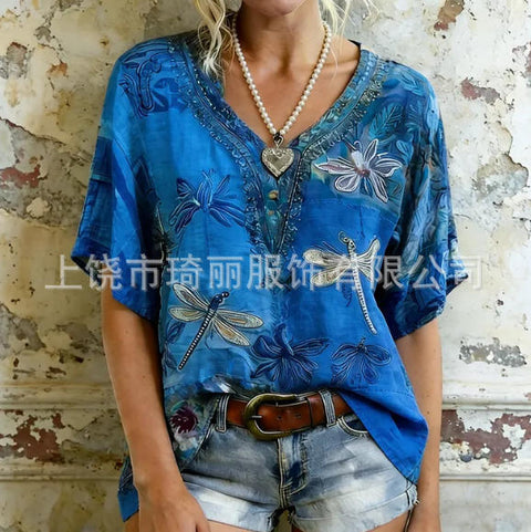 Imitation hemp V-neck shoulder-down short-sleeved top women's FF303345