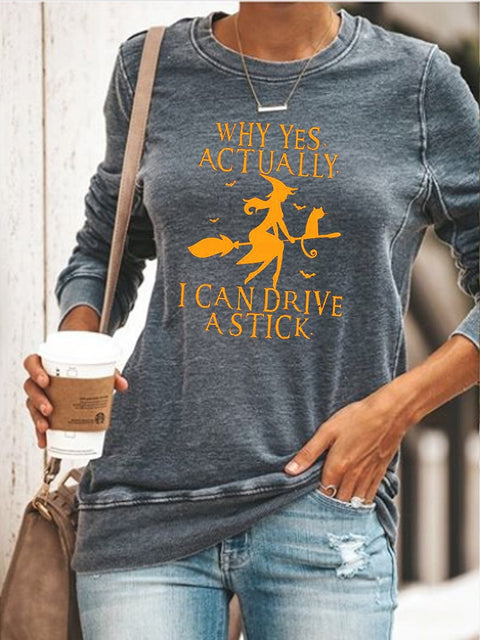 Gray Casual Graphic Tops Round Neck Long Sleeve Witch Printed Halloween Sweatshirts M800014