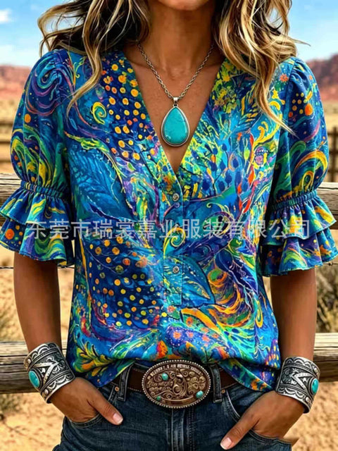 V-neck three-button top digital print horn-sleeved shirt FF303334
